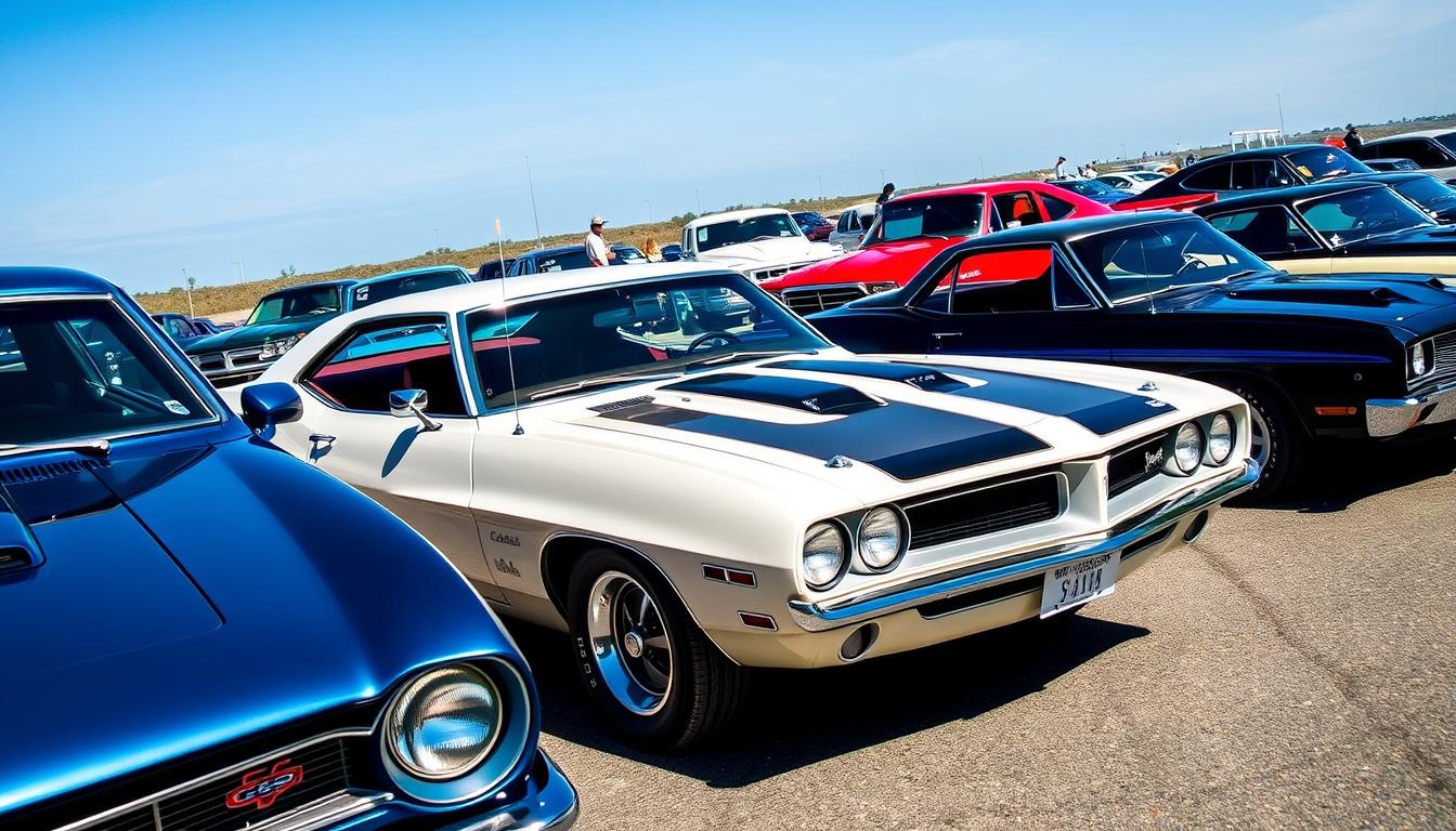 Classic American muscle cars under a bright blue sky.