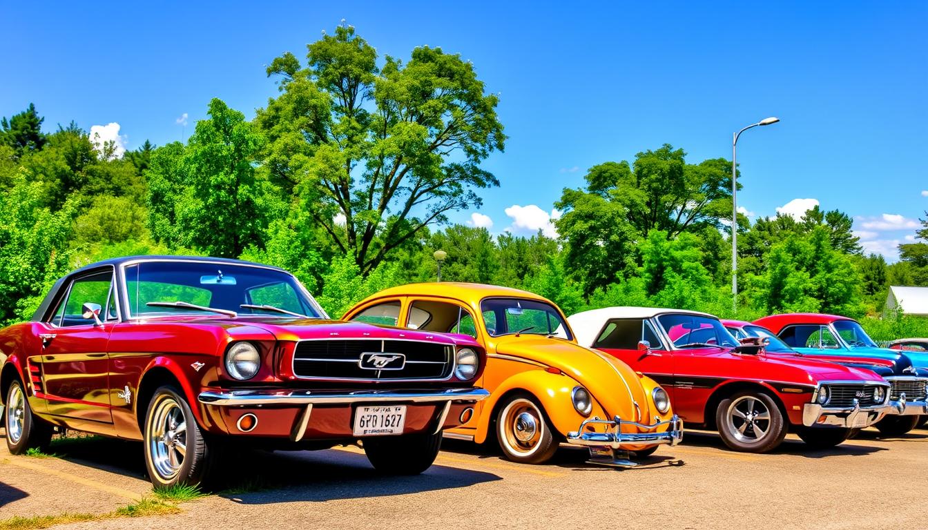 A vibrant scene featuring a collection of classic old school cars, showcasing iconic models like a 1960s Mustang, a vintage Volkswagen Beetle, and a classic Chevrolet Corvette, parked in a picturesque outdoor setting with lush greenery and a clear blue sky, highlighting their timeless designs and rich colors.