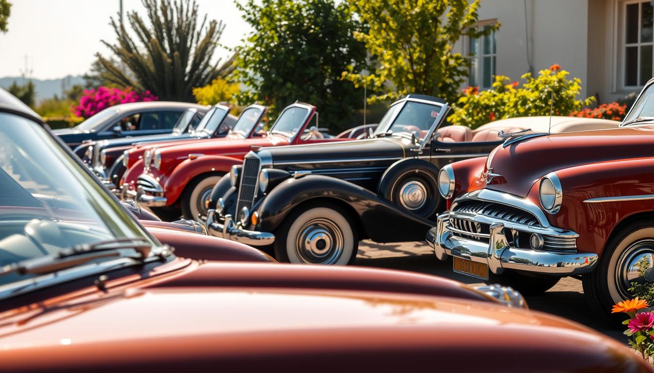 A collection of classic vintage cars parked in a sunlit, nostalgic setting, showcasing their elegant lines and shiny chrome details, surrounded by lush greenery and vibrant flowers, evoking a sense of timeless charm and the art of preservation.