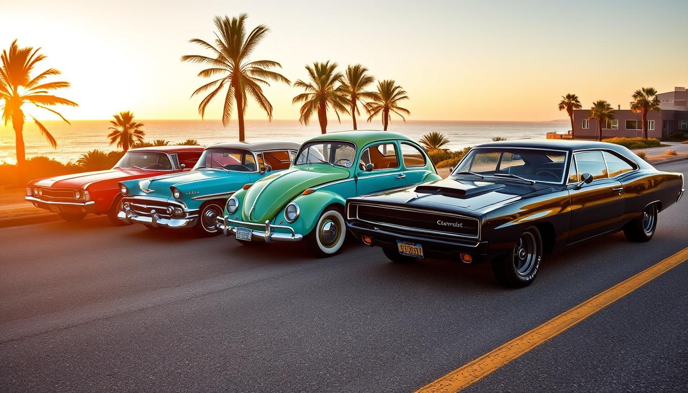 A stunning collection of classic old school cars, featuring a sleek 1960s Mustang in vibrant red, an elegant 1957 Chevrolet Bel Air in turquoise, a vintage Volkswagen Beetle in sunny yellow, and a powerful 1970 Dodge Charger in deep black, all parked on a scenic coastal road during sunset, with palm trees swaying gently in the background and golden sunlight reflecting off their polished surfaces.