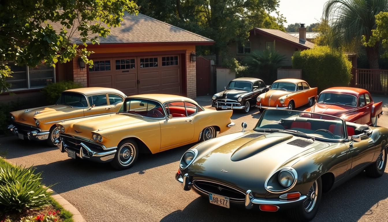 a diverse collection of classic old school cars parked in a sunlit driveway, surrounded by lush greenery, with vintage automobiles like a 1957 Chevy Bel Air, a Ford Mustang from the '60s, and a sleek Jaguar E-Type, highlighting their unique designs, shiny chrome details, and nostalgic colors against a backdrop of a charming retro garage.