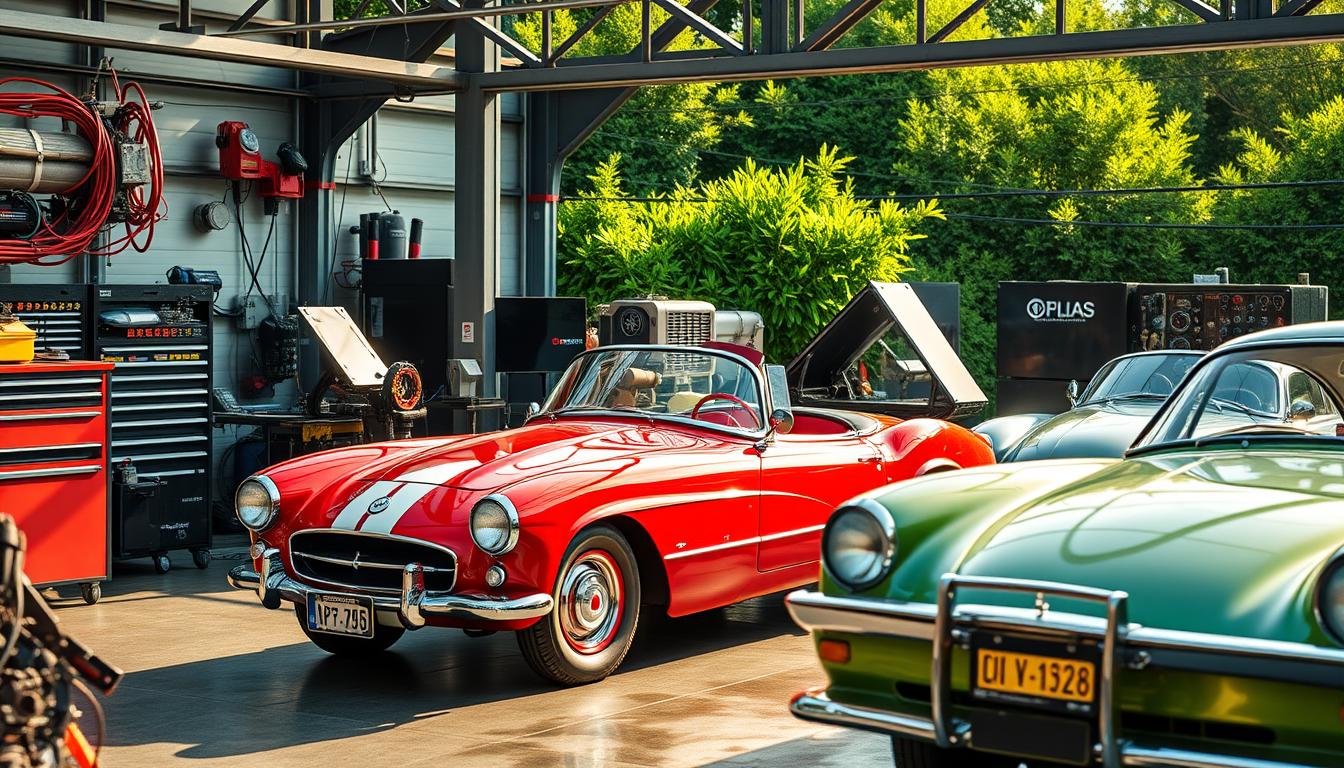Vintage classic automobiles set against a backdrop of modern technology, showcasing sleek restoration tools and high-tech machinery, gleaming chrome and vibrant paintwork under soft sunlight, with lush greenery in the background.