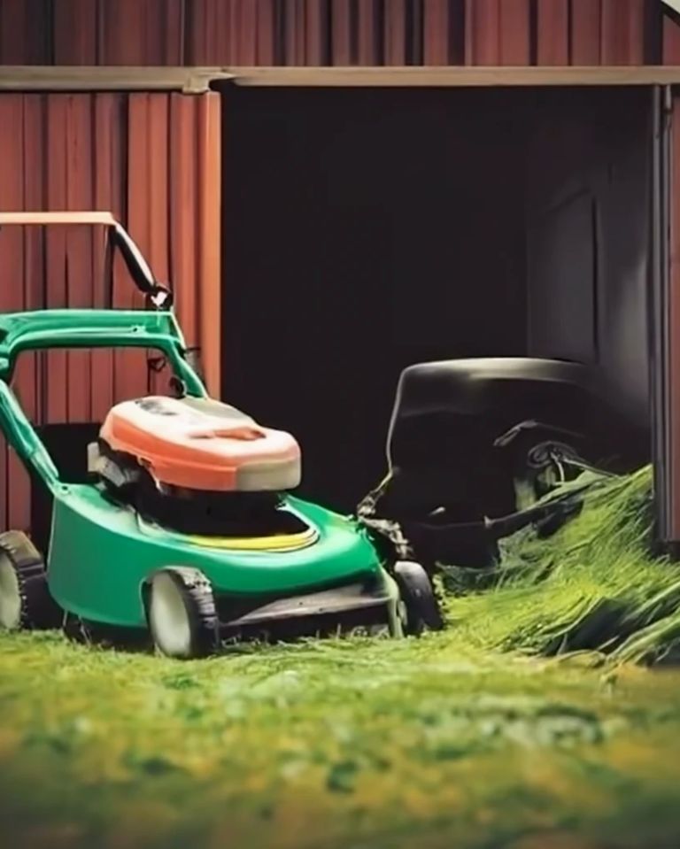 Lawn Mower Beside a Storage Shed