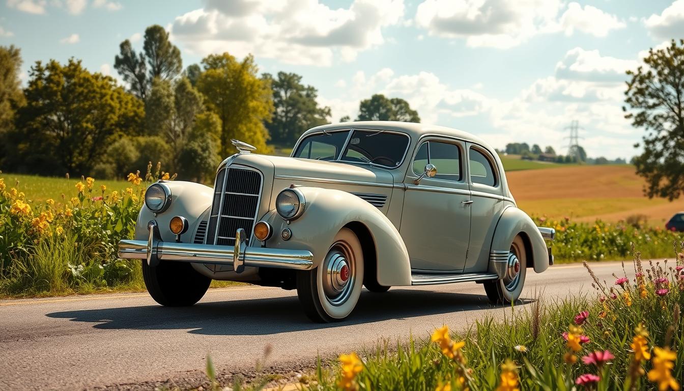 realistic scene of an elegant american pre-war classic car on the side of a sunny countryside road, surrounded by lush green fields and blooming wildflowers, capturing the timeless beauty and craftsmanship of early automotive engineering.